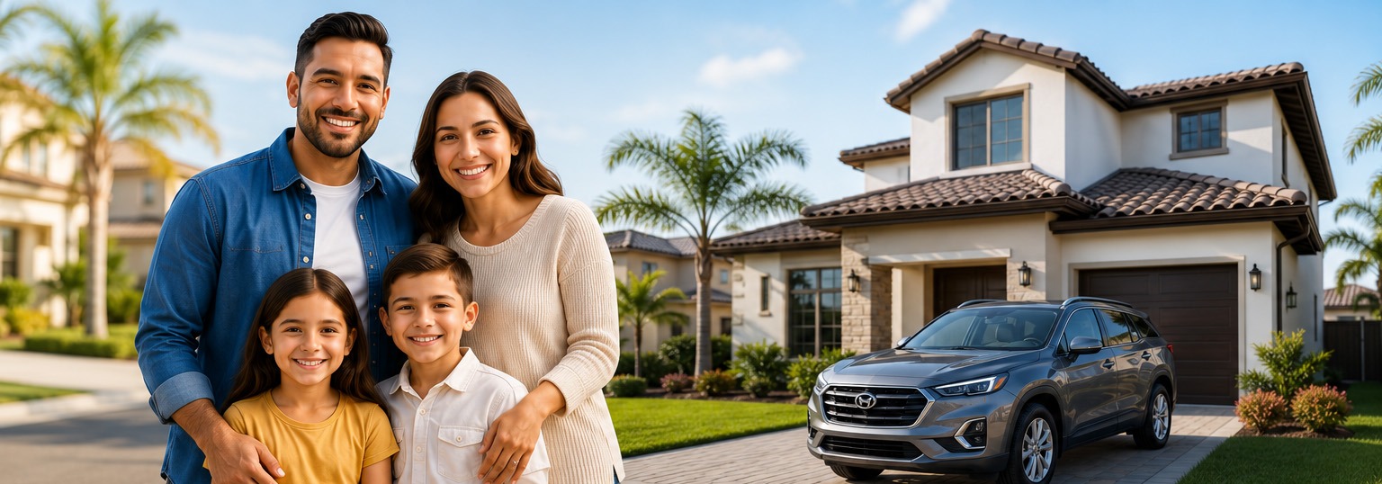 Smiling family in front of a home with a car in the driveway