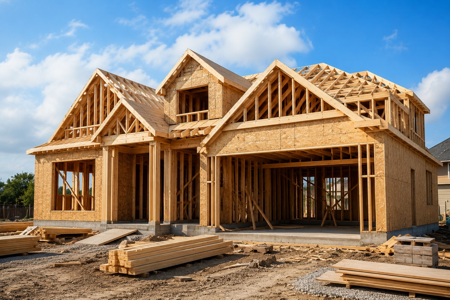 House framing under construction for builders risk insurance