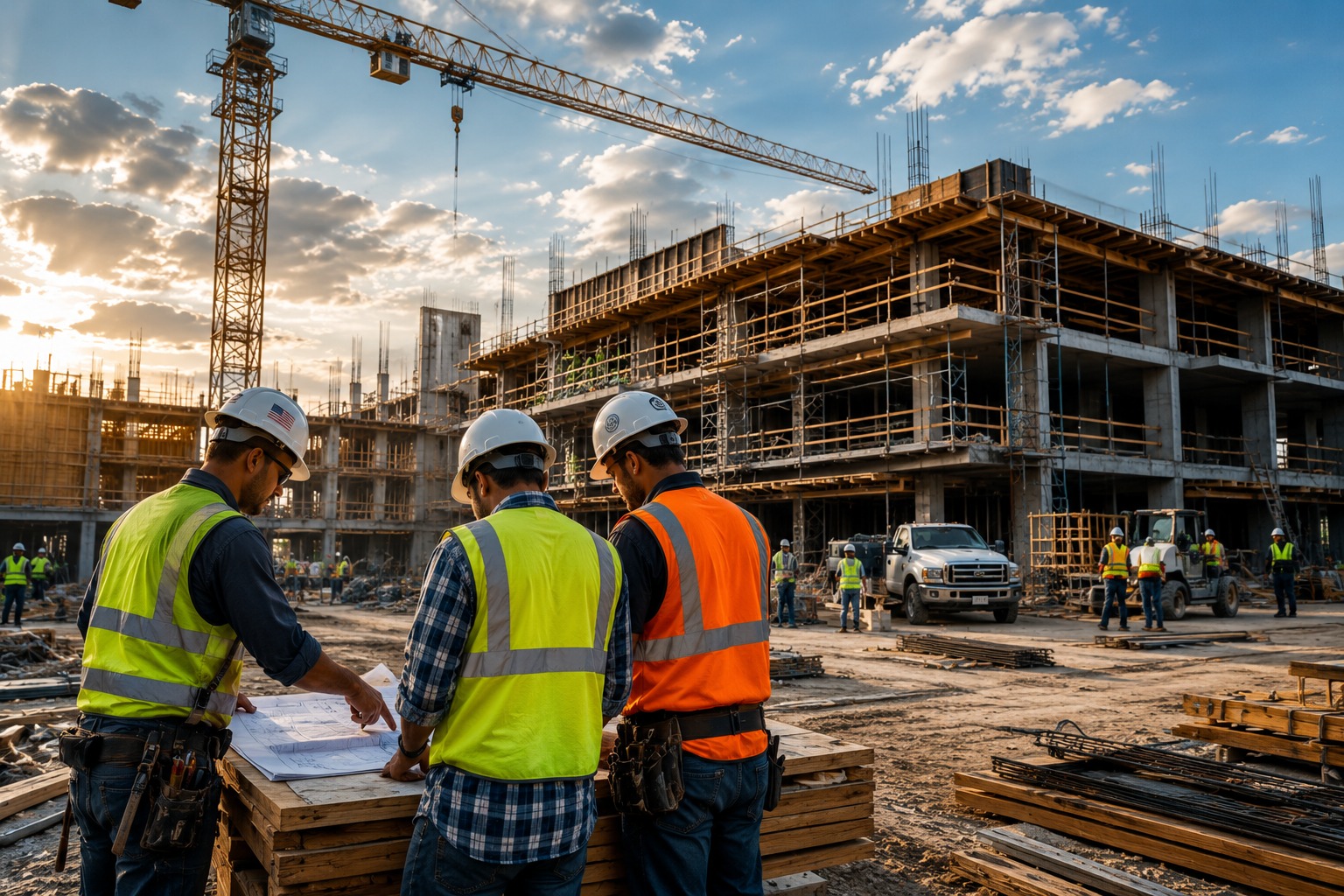Construction site with contractors and cranes
